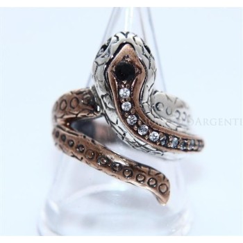 NSA|Argento 925 : Anello 2 colori  con serpente e zirconi  bianchi - onice naturale varie misure