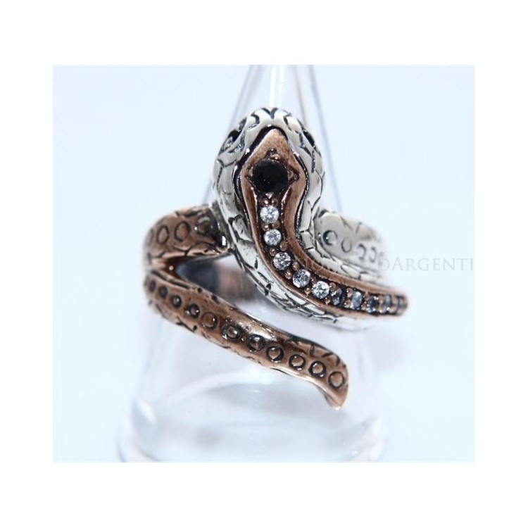 NSA|Argento 925 : Anello 2 colori  con serpente e zirconi  bianchi - onice naturale varie misure