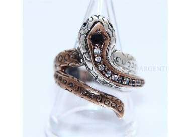 NSA|Argento 925 : Anello 2 colori  con serpente e zirconi  bianchi - onice naturale varie misure