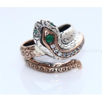 NSA|Argento 925 : Anello 2 colori  con serpente e zirconi  bianchi - Radice di smeraldo varie misure
