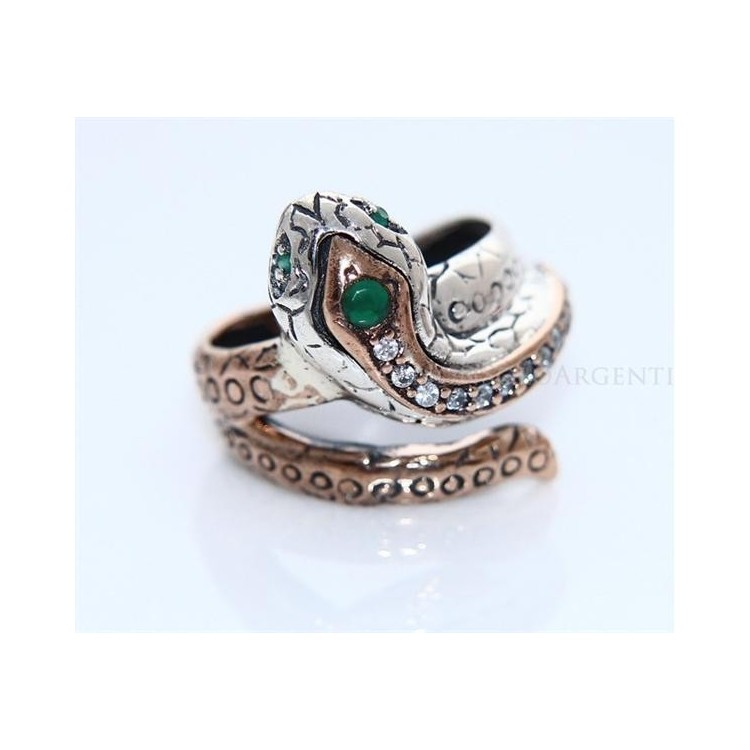 NSA|Argento 925 : Anello 2 colori  con serpente e zirconi  bianchi - Radice di smeraldo varie misure
