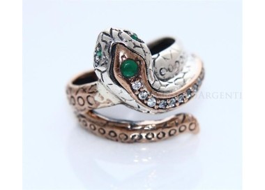 NSA|Argento 925 : Anello 2 colori  con serpente e zirconi  bianchi - Radice di smeraldo varie misure