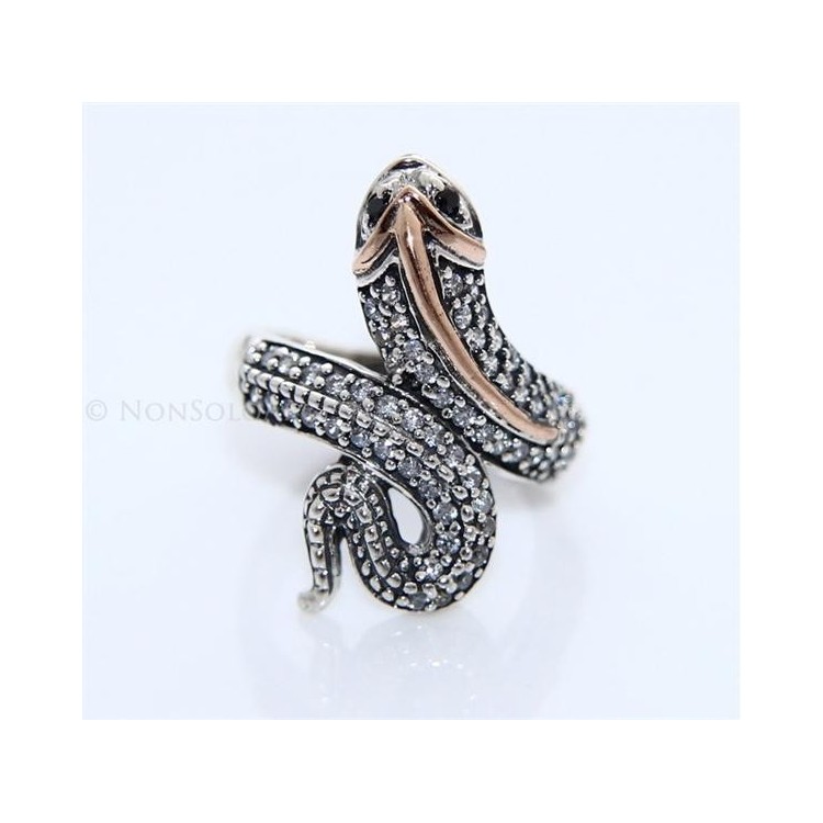 NSA|Argento 925 : Anello 2 toni con serpente e zirconi  bianchi - onice natural varie misure