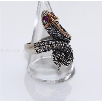 NSA|Argento 925 : Anello 2 toni con serpente e zirconi  bianchi - Radice di rubino varie misure