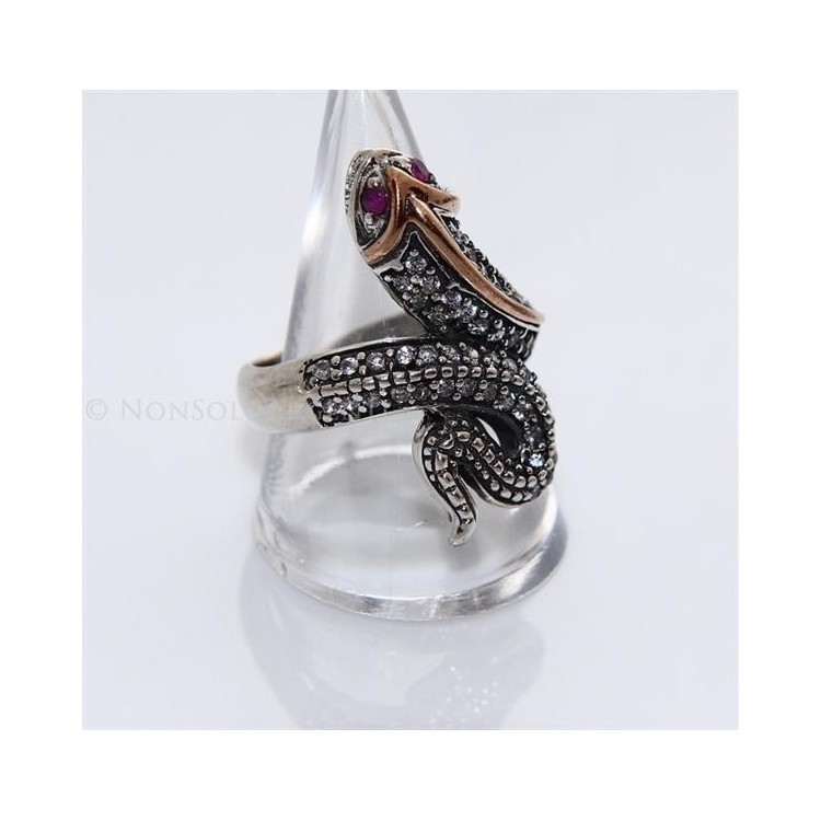 NSA|Argento 925 : Anello 2 toni con serpente e zirconi  bianchi - Radice di rubino varie misure