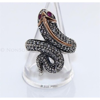 NSA|Argento 925 : Anello 2 toni con serpente e zirconi  bianchi - Radice di rubino varie misure