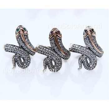 NSA|Argento 925 : Anello 2 toni con serpente e zirconi  bianchi - Radice di smeraldo varie misure