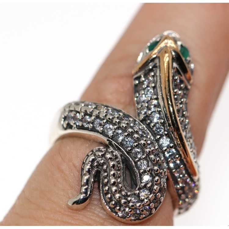 NSA|Anello argento 925 2 toni con serpente e zirconi  bianchi e Radice di smeraldo