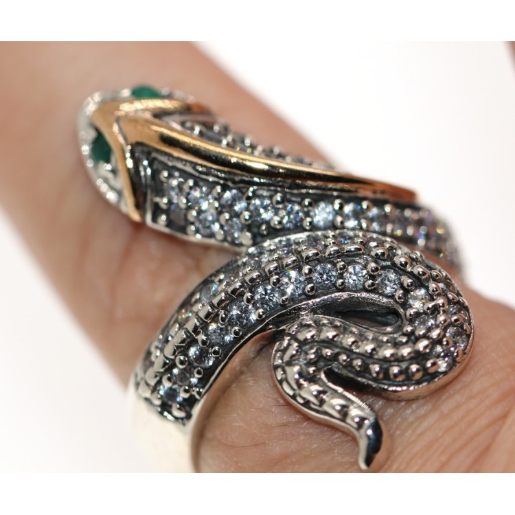 NSA|Anello argento 925 2 toni con serpente e zirconi  bianchi e Radice di smeraldo
