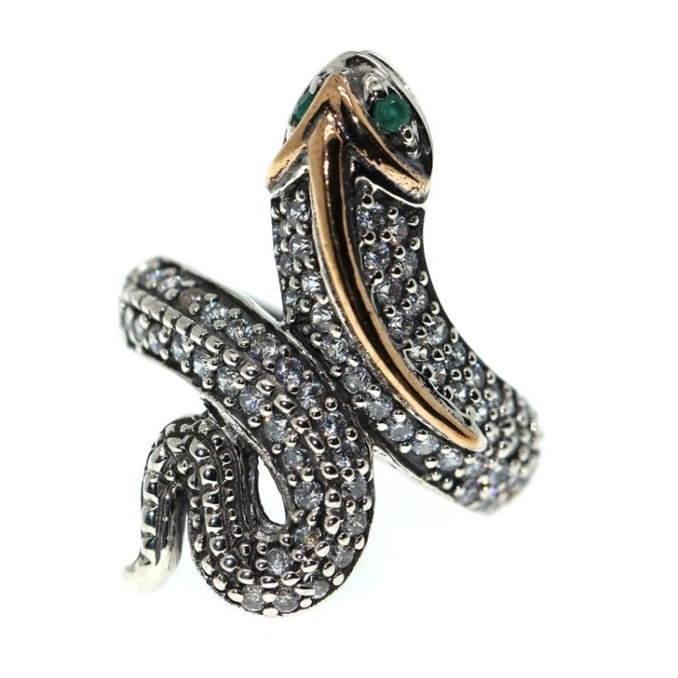 NSA|Argento 925 : Anello 2 toni con serpente e zirconi  bianchi - Radice di smeraldo varie misure