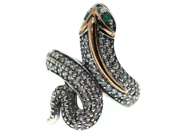 NSA|Argento 925 : Anello 2 toni con serpente e zirconi  bianchi - Radice di smeraldo varie misure