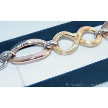 NSA|Argento 925 : Bracciale donna 3 colori con maglia ovale liscia diamantata e 8 rigato finit. oro giallo e rosè