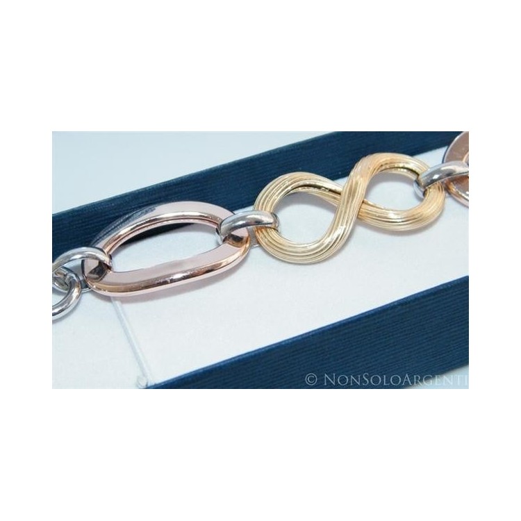 NSA|Argento 925 : Bracciale donna 3 colori con maglia ovale liscia diamantata e 8 rigato finit. oro giallo e rosè
