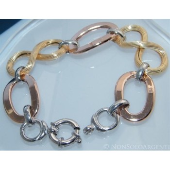 NSA|Argento 925 : Bracciale donna 3 colori con maglia ovale liscia diamantata e 8 rigato finit. oro giallo e rosè
