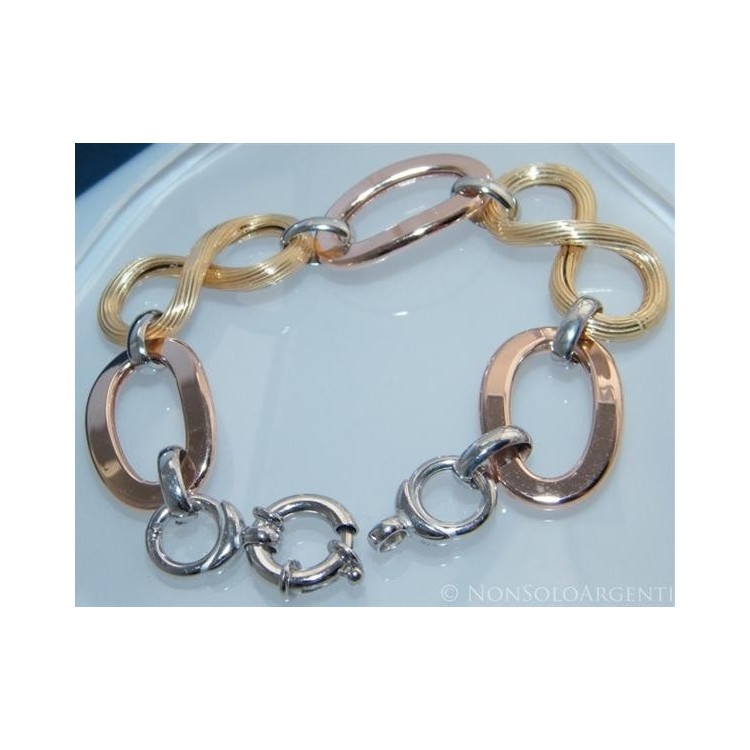 NSA|Argento 925 : Bracciale donna 3 colori con maglia ovale liscia diamantata e 8 rigato finit. oro giallo e rosè
