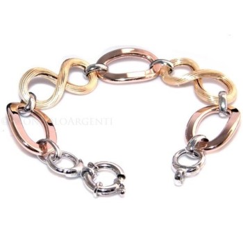 NSA|Argento 925 : Bracciale donna 3 colori con maglia ovale liscia diamantata e 8 rigato finit. oro giallo e rosè