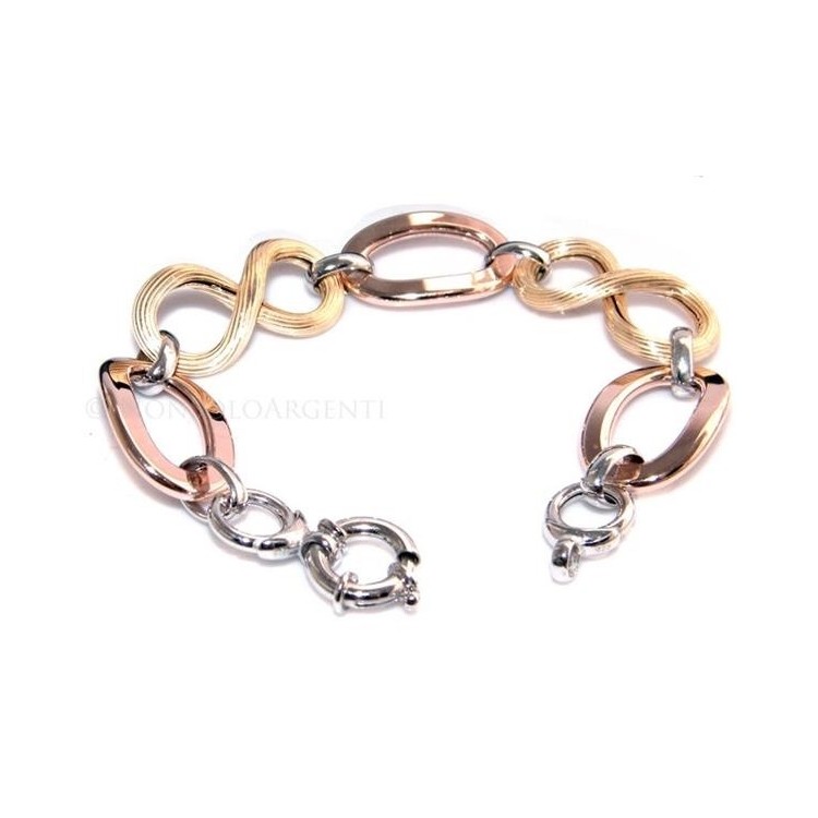 NSA|Argento 925 : Bracciale donna 3 colori con maglia ovale liscia diamantata e 8 rigato finit. oro giallo e rosè