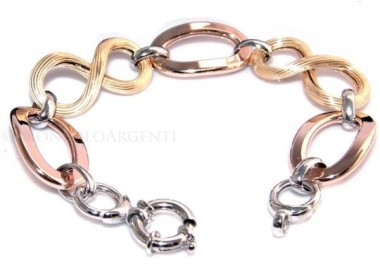 NSA|Argento 925 : Bracciale donna 3 colori con maglia ovale liscia diamantata e 8 rigato finit. oro giallo e rosè