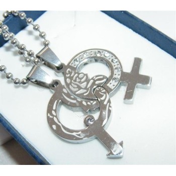 NSA|Acciaio : 2 collane complete luna disco spezzato puzzle in 2 parti con zirconi bianchi per uomo e donna