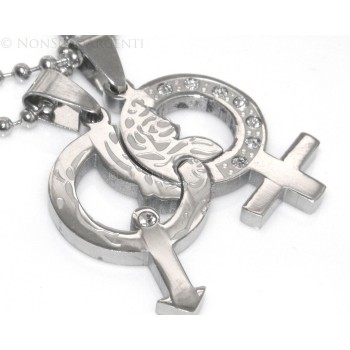 NSA|2 necklaces steel moon disk already separated puzzle in 2 parts with white zircons