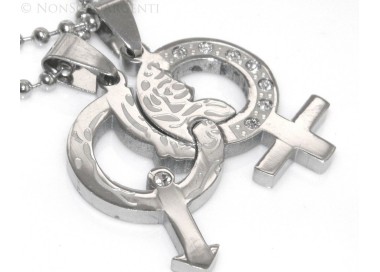 NSA|2 necklaces steel moon disk already separated puzzle in 2 parts with white zircons