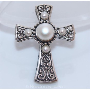 NSA|ARGENTO 925 Ciondolo a forma di Croce Templare con perla