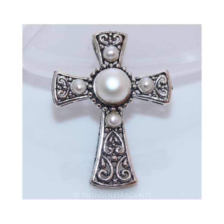 NSA|ARGENTO 925 Ciondolo a forma di Croce Templare con perla