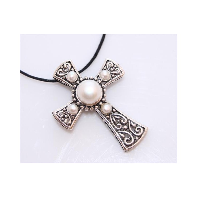 NSA|ARGENTO 925 Ciondolo a forma di Croce Templare con perla