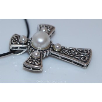 NSA|ARGENTO 925 Ciondolo a forma di Croce Templare con perla