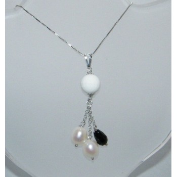 NSA|925 Sterling Silver Choker White Onyx Agate Pendant Necklace Beads