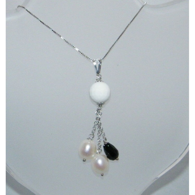 NSA|925 Sterling Silver Choker White Onyx Agate Pendant Necklace Beads