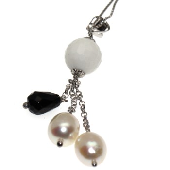 NSA|925 Sterling Silver Choker White Onyx Agate Pendant Necklace Beads