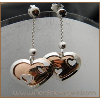 NSA|Argento 925 Rodiato : Orecchini pendenti con cuori e argento rosè