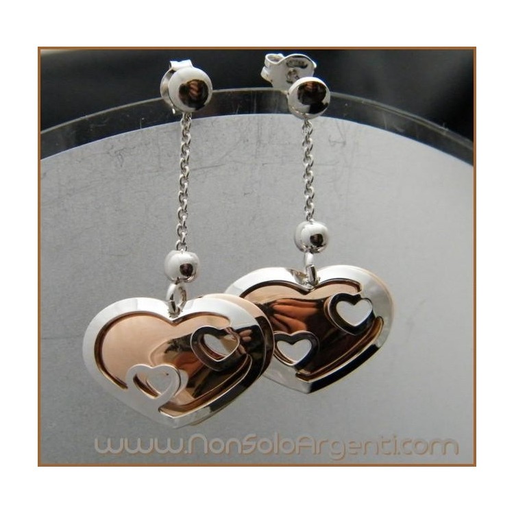 NSA|Argento 925 Rodiato : Orecchini pendenti con cuori e argento rosè