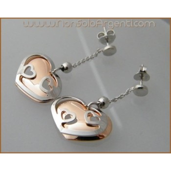 NSA|Argento 925 Rodiato : Orecchini pendenti con cuori e argento rosè