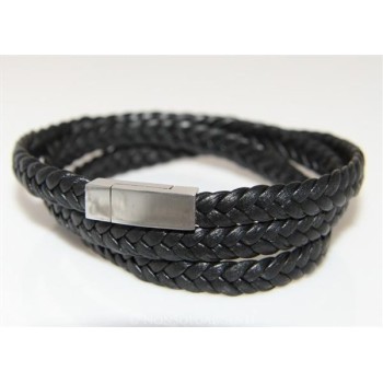 NSA|Bracciale uomo 3 giri a treccia in vera pelle nero con chiusura magnete e acciaio