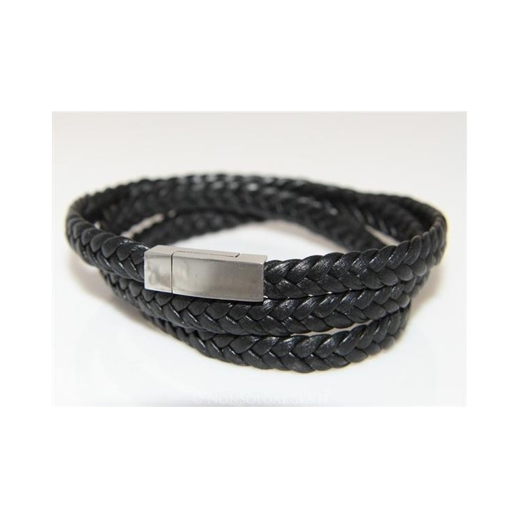 NSA|Bracciale uomo 3 giri a treccia in vera pelle nero con chiusura magnete e acciaio