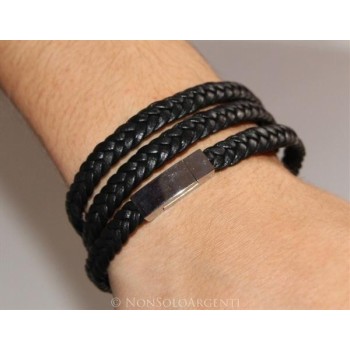 NSA|Bracciale uomo 3 giri a treccia in vera pelle nero con chiusura magnete e acciaio