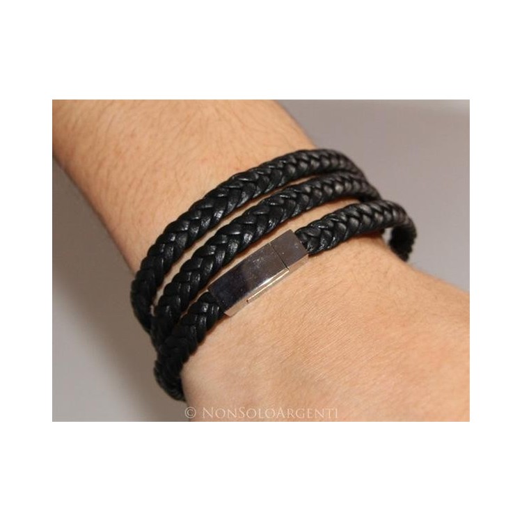 NSA|Bracciale uomo 3 giri a treccia in vera pelle nero con chiusura magnete e acciaio