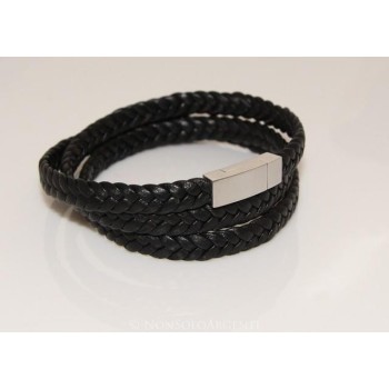 NSA|Bracciale uomo 3 giri a treccia in vera pelle nero con chiusura magnete e acciaio