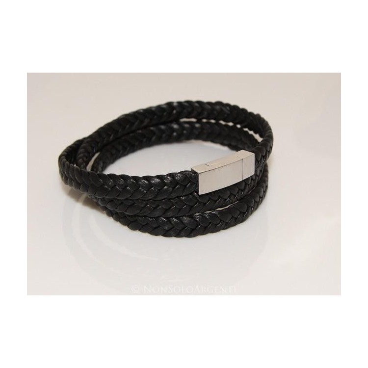 NSA|Bracciale uomo 3 giri a treccia in vera pelle nero con chiusura magnete e acciaio