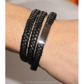 NSA|Bracciale uomo 3 giri a treccia in vera pelle nero con chiusura magnete e acciaio