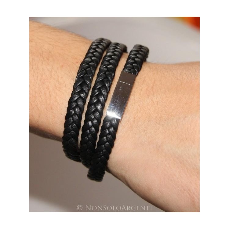 NSA|Bracciale uomo 3 giri a treccia in vera pelle nero con chiusura magnete e acciaio