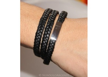 NSA|Bracciale uomo 3 giri a treccia in vera pelle nero con chiusura magnete e acciaio