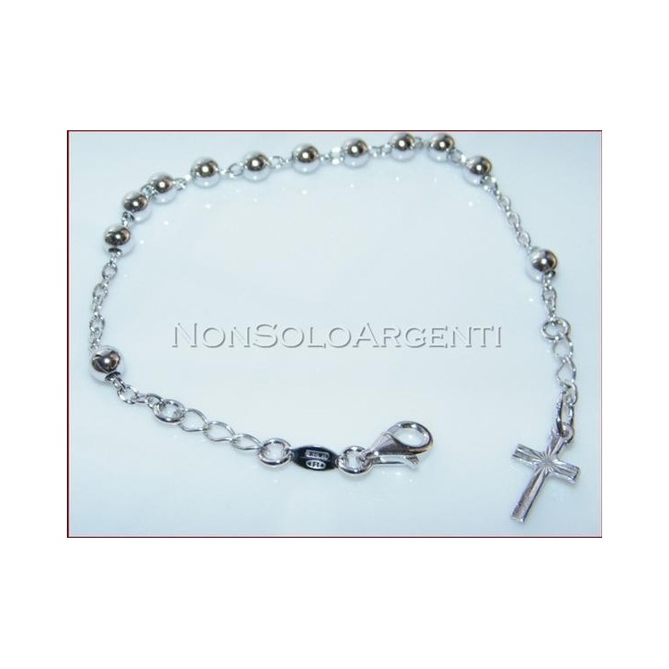 NSA|Argento 925 Rodiato : Bracciale Rosario con sfere grandi 5 mm e ciondolo a croce Varie Misure