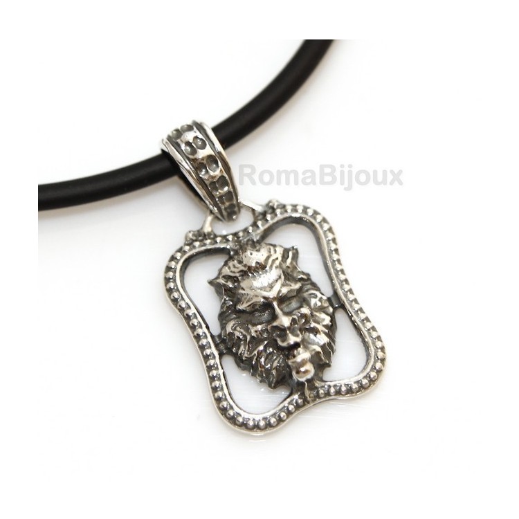 NSA|Ciondolo Argento 925 Leone brunito medio con cornice e laccio