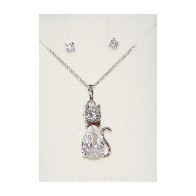 NSA|Bigiotteria : parure donna collana con ciondolo e orecchini con zirconi Lamin ORO BIANCO 18k Gold FILLED : Gatti