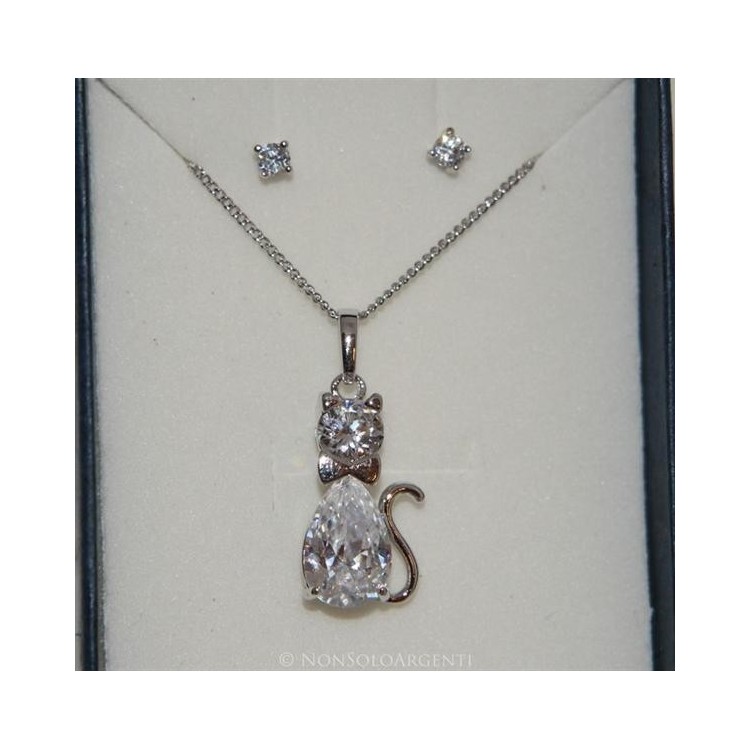 NSA|Bigiotteria : parure donna collana con ciondolo e orecchini con zirconi Lamin ORO BIANCO 18k Gold FILLED : Gatti