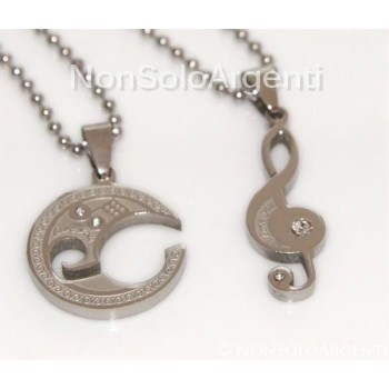 NSA|Acciaio : 2 collane complete chiave di sol violino e luna puzzle in 2 parti con zirconi bianchi spezzato uomo e donna