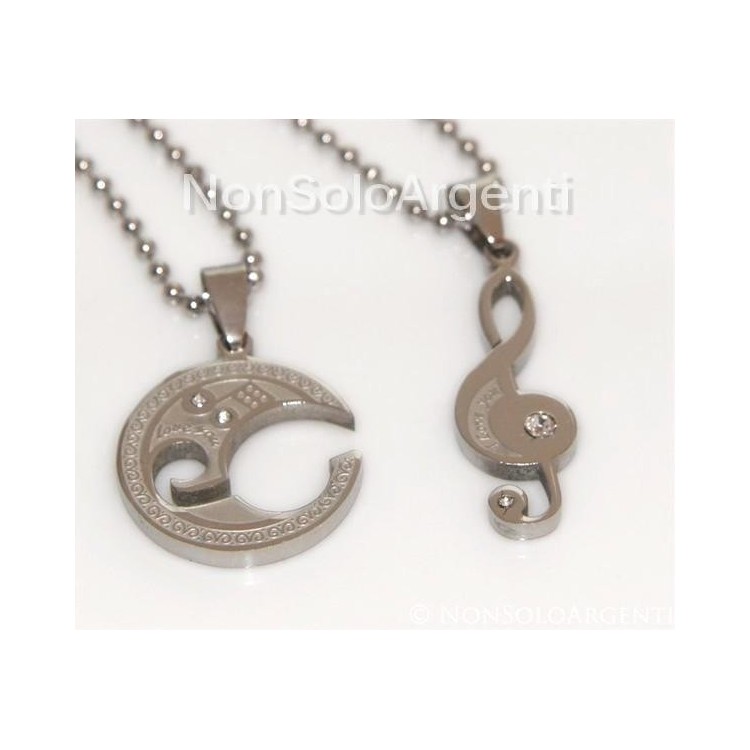 NSA|Acciaio : 2 collane complete chiave di sol violino e luna puzzle in 2 parti con zirconi bianchi spezzato uomo e donna
